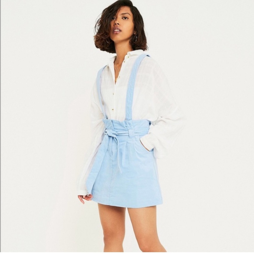 Urban Outfitters blue corduroy overall mini skirt suspenders tie waist belt SM